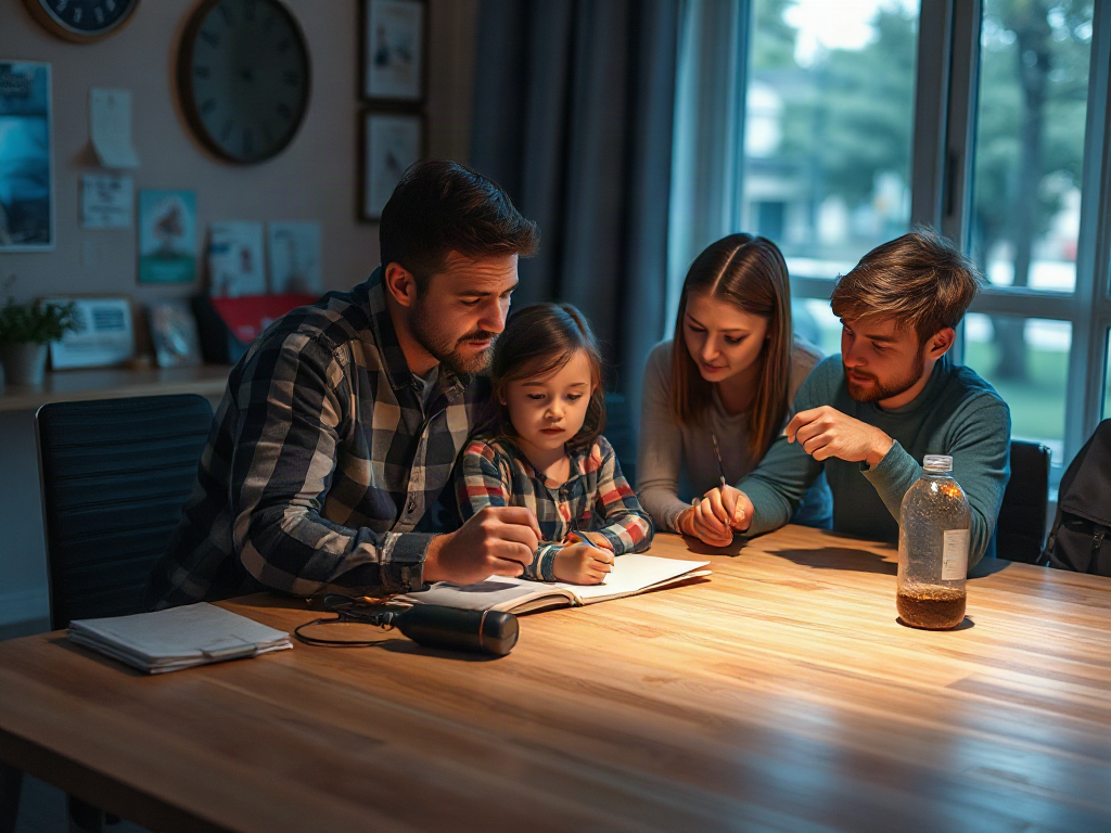 Family reviewing routes at a table with radio, water, flashlights, and backpacks