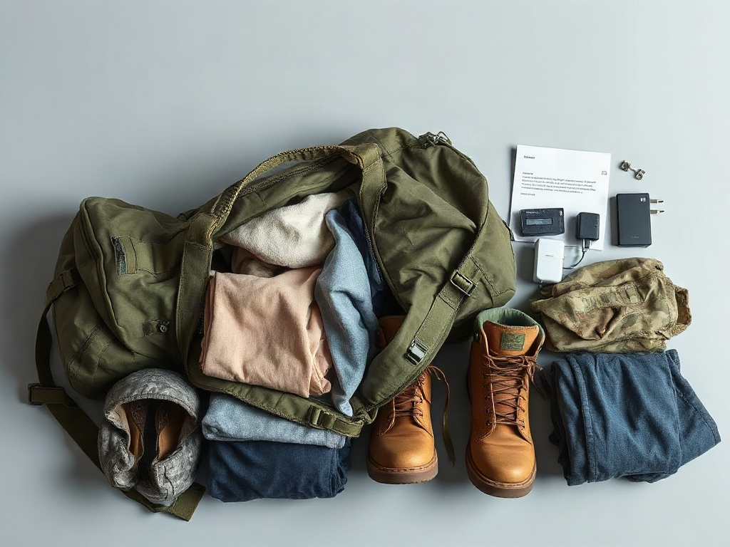 Open duffel and day pack arranged with boots, clothing, documents, and chargers